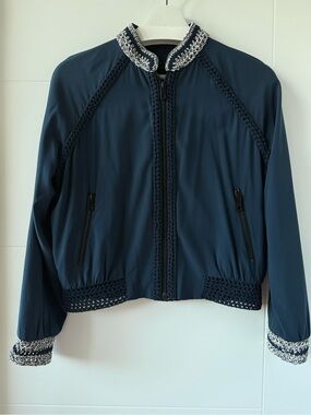 rag & bone Navy Silk Bomber Jacket with Contrast Knit Trim